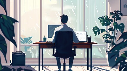 A man sits at his desk, looking out the window at the rain. He is wearing a white shirt and black pants. The room is decorated with plants and there is a computer on the desk. - Powered by Adobe