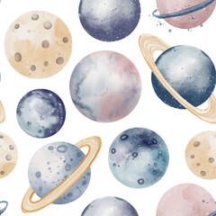 Watercolor seamless Pattern with Planets for baby design in pastel blue and pink colors. Cute Space background for childish nursery wallpaper or kids textile design. Cosmos ornament with universe.