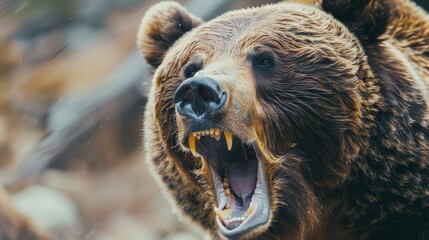   A brown bear with its mouth open widely
