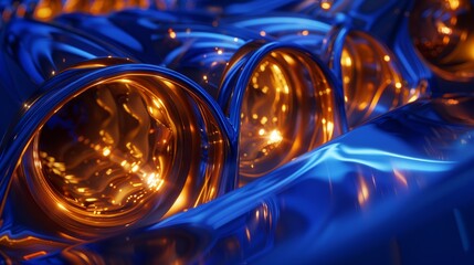   A tight shot of numerous lights in blue and gold hue, superimposed on a softly blurred backdrop