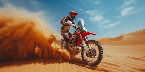 Extreme motocross. A racer rides along a sandy track in the desert. Generative AI