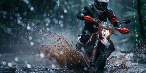 A motorcycle racer rides on a dirty off-road. Extreme motocross in the rain. Generative AI