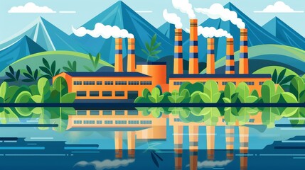   A factory painted against mountains in the backdrop, with a lake and trees in the foreground