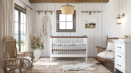 A charming farmhouse nursery with a crib and rocking chair, complemented by a mockup frame featuring a family portrait.
