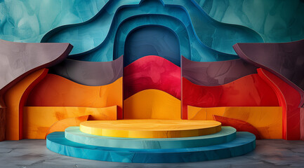 A stage with a vibrant and colorful backdrop is set up for a show. The stage is illuminated and ready for performers to take the spotlight.