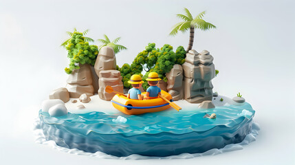 3D Cartoon Icon of Adventurous Couple Exploring Coastal Beauty Along Rugged Shoreline in Coastal Adventure Concept