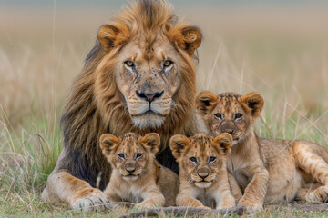 Male lion with its cubs