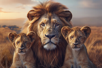 Male lion with its cubs