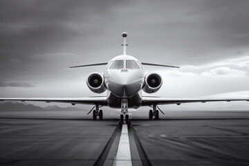 Capture the essence of leadership through aviation milestones in a long shot, applying a striking black and white filter for a timeless feel