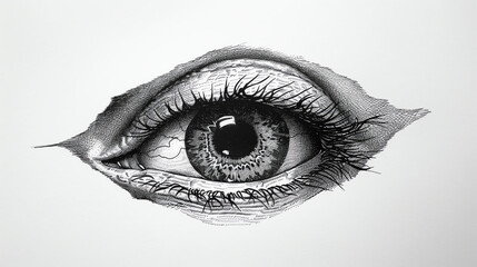 Capture a minimalist design of a sinister, eerie eye in exquisite detail, using pen and ink Create tension and fear