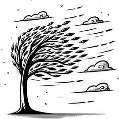 Tree in the wind. A gust of wind shook up the leaves and clouds.