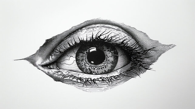 Capture a minimalist design of a sinister, eerie eye in exquisite detail, using pen and ink Create tension and fear
