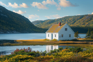 Modern eco-lodge nestled beside a tranquil mountain lake, surrounded by vibrant fall foliage and rolling hills, reflecting the essence of sustainable travel and natural beauty
