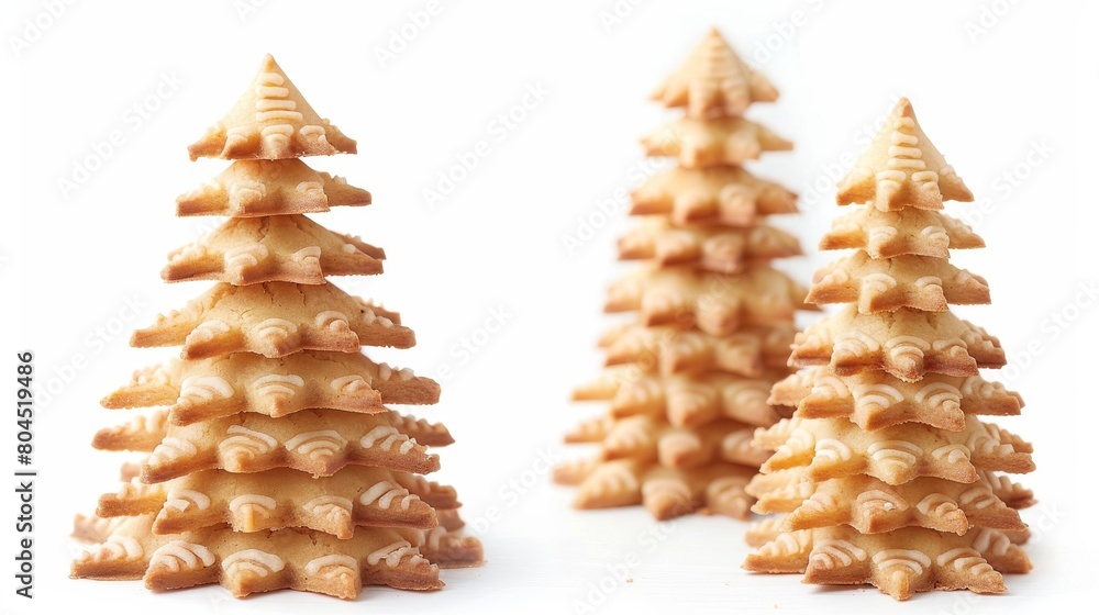 Poster a pile of christmas tree shaped cookies isolated on a white background, foreshortened in two differe