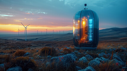 Mining of green renewable energy in future. Futuristic glowing big transparent generator-capsule with sustainable energy inside and wind turbines in nature.