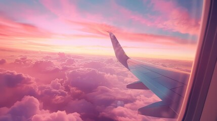 pink and purple sky with a plane flying through it. The sky is filled with fluffy clouds and the sun is shining brightly. Concept of freedom and adventure, Travel or Love, Airplane