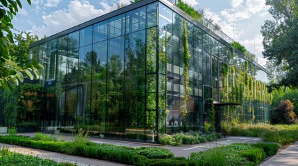 Architecture a modern glass building with a lot of green plants trees and bushes for business architecture environmental friendly, design, exterior, sky, garden