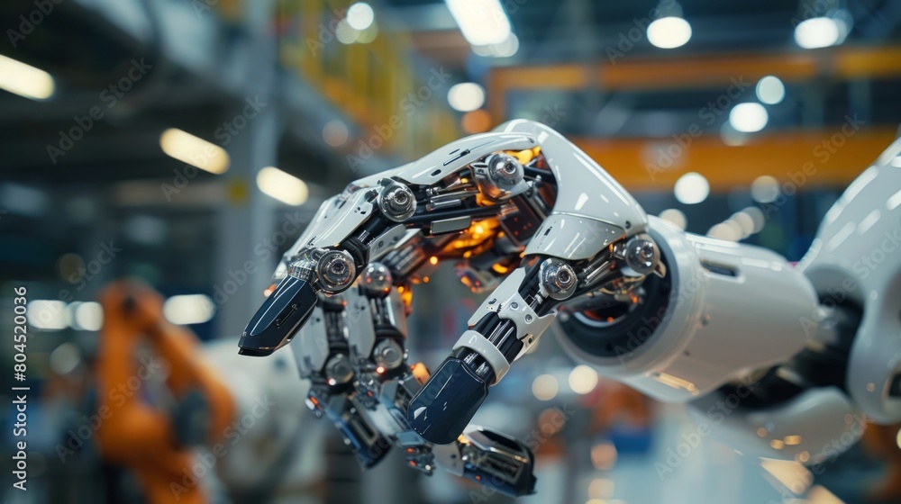 Poster A robotic hand grasping an item within a manufacturing facility. Automated technology at work in an industrial setting.