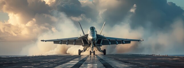 panoramic view wide poster of a generic military aircraft carrier ship with fighter jets take off