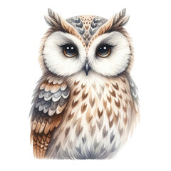 A cute cartoon owl with big eyes and a friendly expression. The owl is mostly white with brown and gray feathers and has a few green leaves on its head.