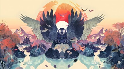 Enchanting Mythical Creatures Collaborating to Solve Surreal Environmental Puzzle in Minimalist Graphic Landscape