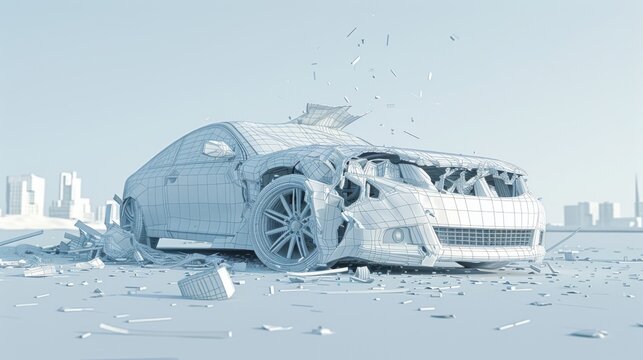 Car accident rendered as a 3D image in wireframe