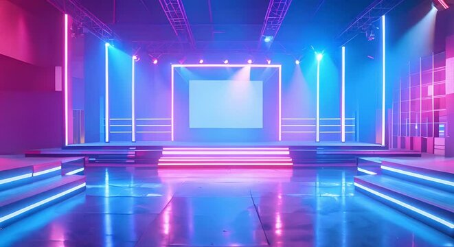 Vibrant neon lights brighten a contemporary game show stage devoid of spectators. Concept Game Show, Neon Lights, Contemporary Stage, Spectator-less Environment