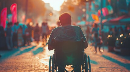 A man in a wheelchair navigating a busy city street with pedestrians and vehicles in the background.