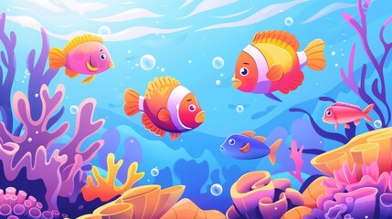 Fish and wild marine animals in ocean Sea world dwellers, cute underwater creatures, coral reef inhabitants in their natural habitat, undersea fauna of tropics Flat cartoon vector illustration,