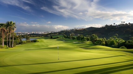 A golf course with a green grassy field and a golf hole