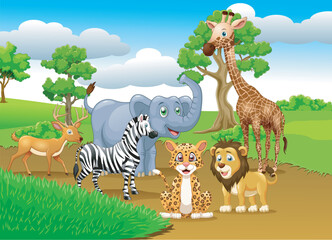 Animals in the wild nature background. Cartoon style. Vector illustration.