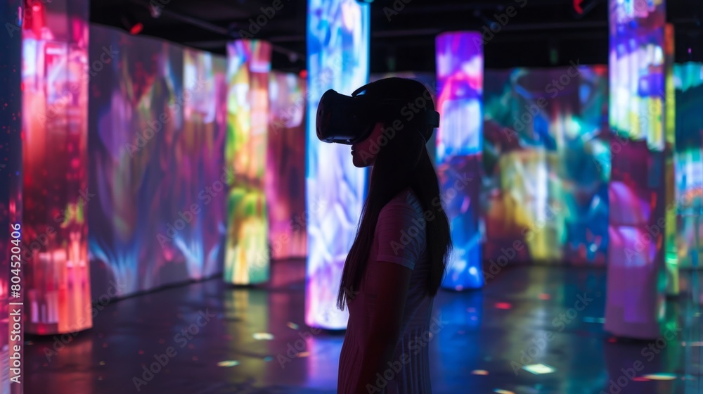 Aufkleber A woman stands in front of a vibrant projection of colorful lights, creating a dynamic and immersive visual experience.