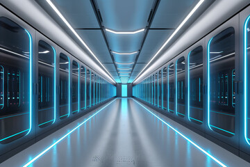 Network servers standing in a row inside a data center.Computer server room.