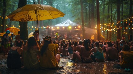 A diverse group of individuals sitting on the ground together, seeking refuge from the sun under a large umbrella.