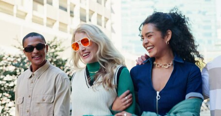 Friends, happy and outdoor in confidence for fashion campaign or outfit, clothes and street style in Spain. Holiday, gen z and smile with swag, cool and trendy wear for summer break and vacation