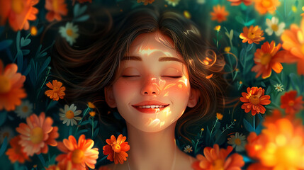 Happiness blooms like flowers around a smiling girl in illustration.