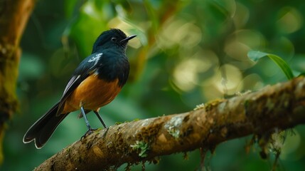 A small passerine bird, the white-rumped shama (Copsychus malabaricus) is native to densely vegetated habitats on the Indian subcontinent and Southeast Asia.