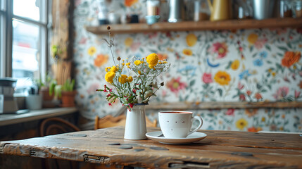 Fototapeta premium A quaint coffee shop, with floral wallpaper as the background, during a leisurely brunch hour