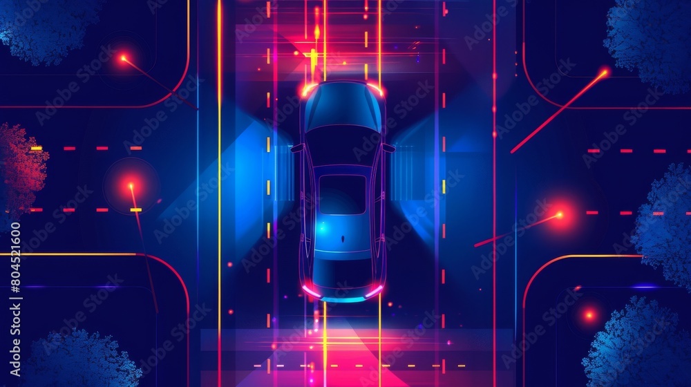 Poster illustration of a smart driverless electric car driving on a road and scanning distance with radar, 