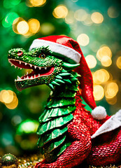 dragon in santa's hat year of the dragon. Selective focus.