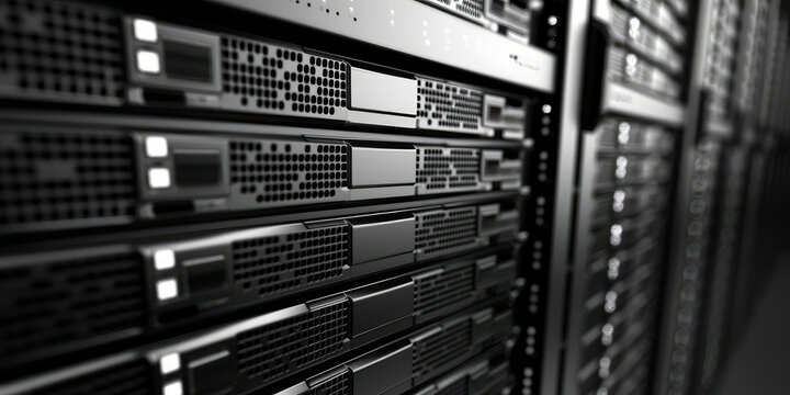 Closeup reliable website hosting provider, server cabinet room interior, copy space. Server room background with buttons and wires.