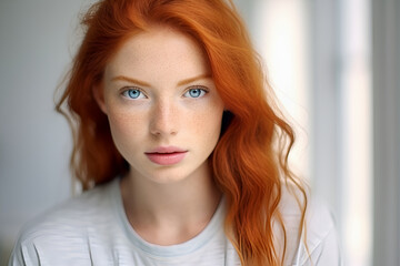 Beautiful young red-haired woman with blue eyes. Beauty model with red hair.