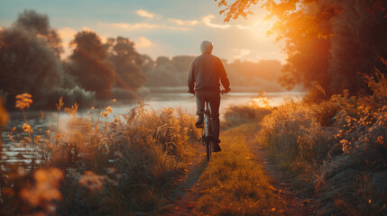 Elderly cyclist riding bike down dirt road. Generative AI