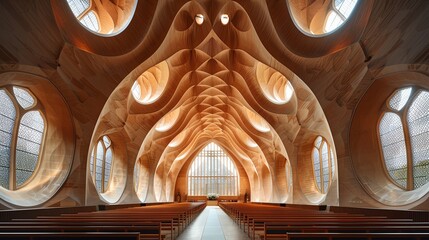 Design a modern church with a wooden interior.