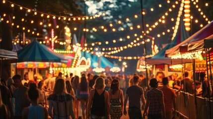 Fototapeta premium A group of diverse individuals strolling through a lively carnival, enjoying games, rides, and food stalls.