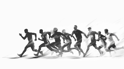 Silhouettes of Runners in Action on a White Background with Copy Space