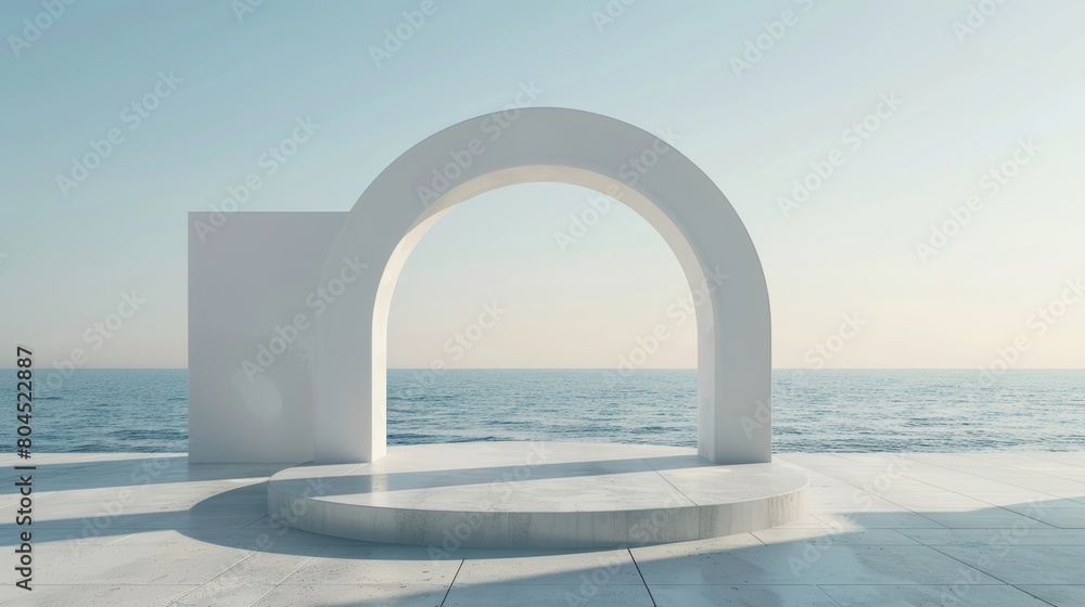 Poster 3D render background with geometrical forms, arches and podiums in natural daylight. minimal landscape background. sea view.