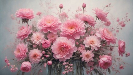 Pretty pink flowers bouquet floral arrangement in a glass vase with a simple background