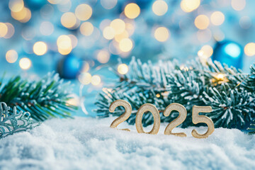 Happy New Year background with golden numbers "2025" on snow and spruce branches, bokeh lights of blue color. Winter holiday concept