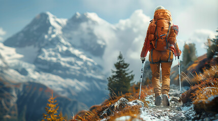 Man walking up mountain with backpack. Generative AI - Powered by Adobe